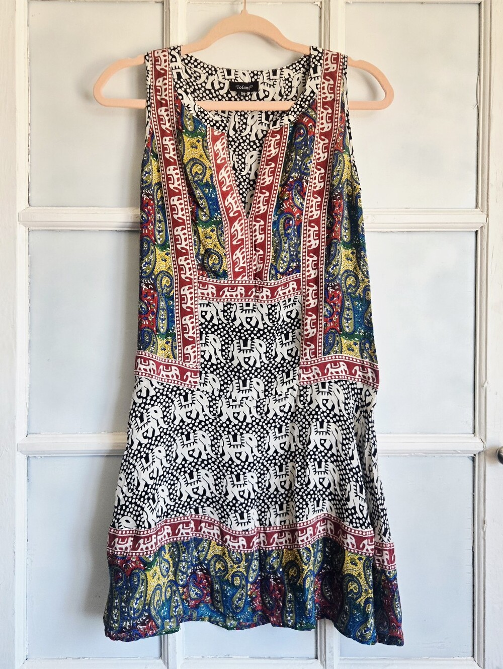 Tolani 100% Silk Vibrant Paisley Elephant Print V Neck Sleeveless Mini Dress XS